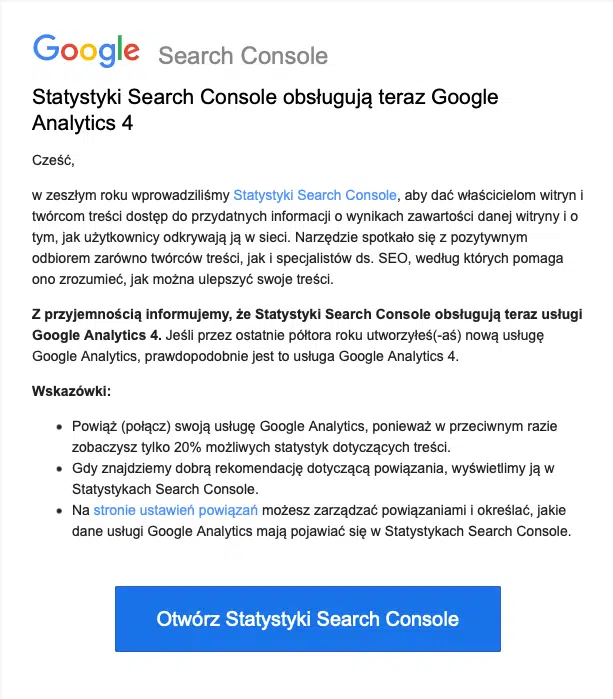 Wiadomość e-mail: Statystyki Search Console obsługują teraz Google Analytics 4