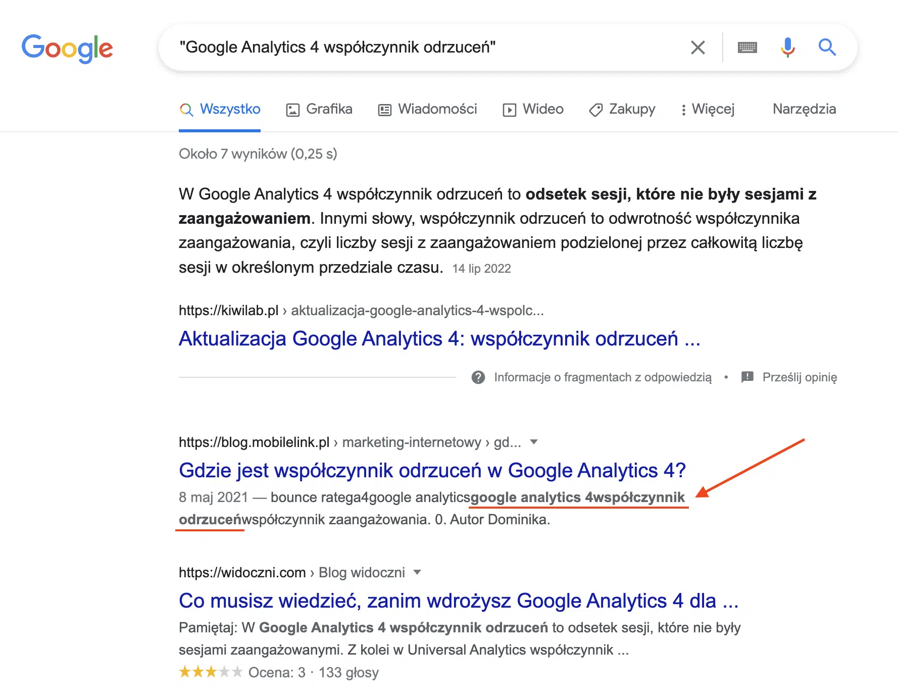 Wyniki wyszukiwania Google - Google Analytics 4 współczynnik odrzuceń